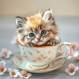 A raw, heartwarming photograph of an adorable fluffy kitten nestled comfortably inside a delicate, vintage-style teacup