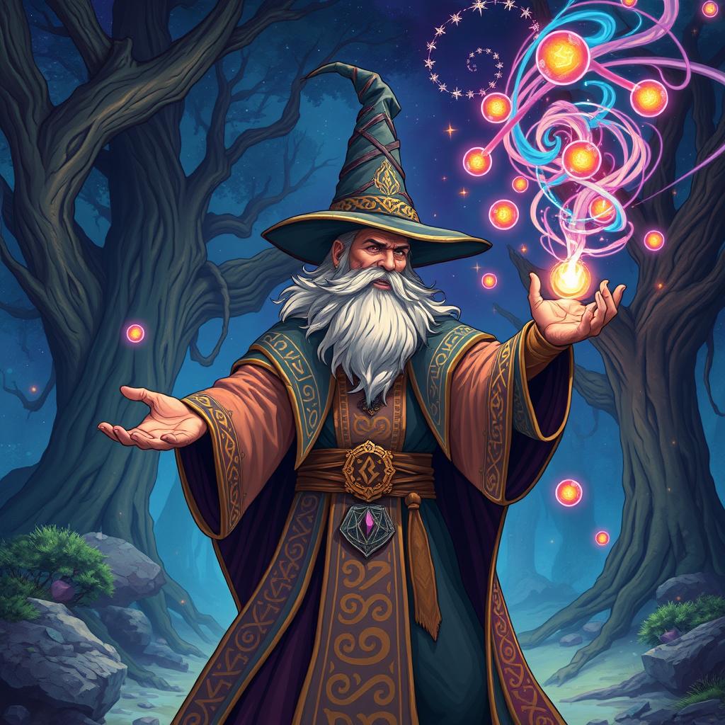An epic fantasy illustration of a powerful wizard casting a spell, illustrated in vibrant colors
