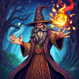 An epic fantasy illustration of a powerful wizard casting a spell, illustrated in vibrant colors