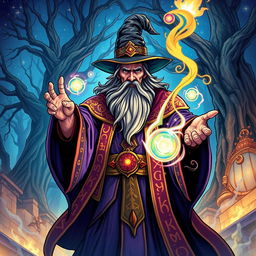 An epic fantasy illustration of a powerful wizard casting a spell, illustrated in vibrant colors