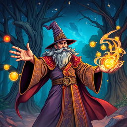 An epic fantasy illustration of a powerful wizard casting a spell, illustrated in vibrant colors