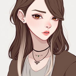 A fanart-style illustration of a very pale woman with dark brown, slightly wavy hair that falls mid-back, parted to the side and elegantly combed out of her face