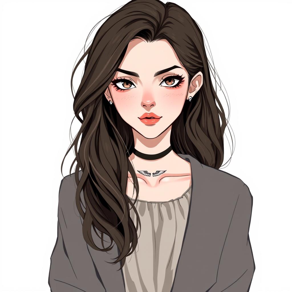 A fanart-style illustration of a very pale woman with dark brown, slightly wavy hair that falls mid-back, parted to the side and elegantly combed out of her face