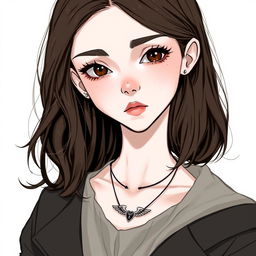 A fanart-style illustration of a very pale woman with dark brown, slightly wavy hair that falls mid-back, parted to the side and elegantly combed out of her face