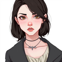 A fanart-style illustration of a very pale woman with dark brown, slightly wavy hair that falls mid-back, parted to the side and elegantly combed out of her face