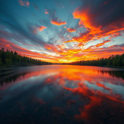 a stunning landscape depicting the contrast between water and fire, featuring a tranquil lake surrounded by lush green trees, with flames reflecting off the water's surface, and a dramatic sunset in the background creating vibrant orange and red hues in the sky, showcasing both elements harmoniously coexisting