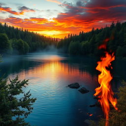 a stunning landscape depicting the contrast between water and fire, featuring a tranquil lake surrounded by lush green trees, with flames reflecting off the water's surface, and a dramatic sunset in the background creating vibrant orange and red hues in the sky, showcasing both elements harmoniously coexisting