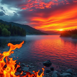 a stunning landscape depicting the contrast between water and fire, featuring a tranquil lake surrounded by lush green trees, with flames reflecting off the water's surface, and a dramatic sunset in the background creating vibrant orange and red hues in the sky, showcasing both elements harmoniously coexisting