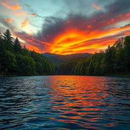 a stunning landscape depicting the contrast between water and fire, featuring a tranquil lake surrounded by lush green trees, with flames reflecting off the water's surface, and a dramatic sunset in the background creating vibrant orange and red hues in the sky, showcasing both elements harmoniously coexisting