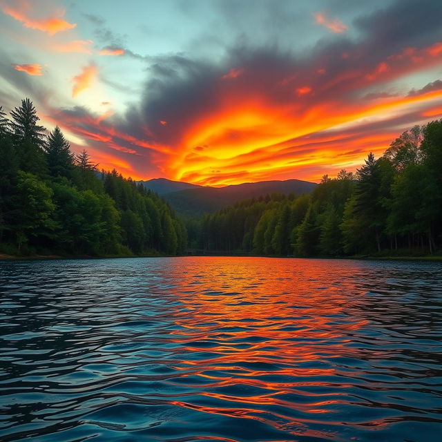a stunning landscape depicting the contrast between water and fire, featuring a tranquil lake surrounded by lush green trees, with flames reflecting off the water's surface, and a dramatic sunset in the background creating vibrant orange and red hues in the sky, showcasing both elements harmoniously coexisting