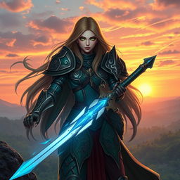 An enchanting female warrior clad in intricately designed armor, standing on a rocky cliff overlooking a lush forest