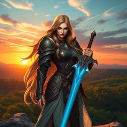 An enchanting female warrior clad in intricately designed armor, standing on a rocky cliff overlooking a lush forest