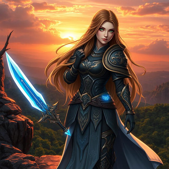 An enchanting female warrior clad in intricately designed armor, standing on a rocky cliff overlooking a lush forest