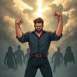 An illustration of a determined man standing in a dramatic pose, symbolically fighting against shadowy figures representing his personal life problems