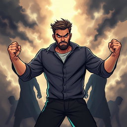 An illustration of a determined man standing in a dramatic pose, symbolically fighting against shadowy figures representing his personal life problems