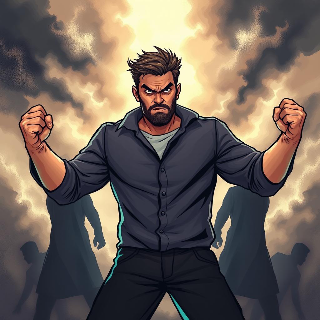 An illustration of a determined man standing in a dramatic pose, symbolically fighting against shadowy figures representing his personal life problems