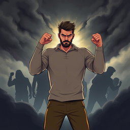 An illustration of a determined man standing in a dramatic pose, symbolically fighting against shadowy figures representing his personal life problems