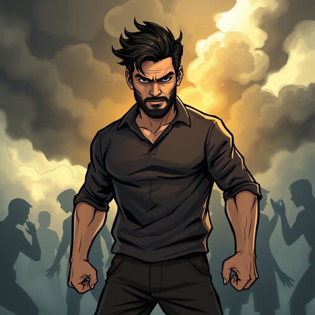 An illustration of a determined man standing in a dramatic pose, symbolically fighting against shadowy figures representing his personal life problems
