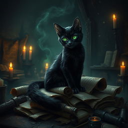A mystical black cat with mesmerizing glowing green eyes, sitting on a pile of ancient, tattered scrolls in a dimly lit room filled with eerie artifacts