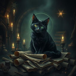 A mystical black cat with mesmerizing glowing green eyes, sitting on a pile of ancient, tattered scrolls in a dimly lit room filled with eerie artifacts