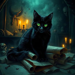 A mystical black cat with mesmerizing glowing green eyes, sitting on a pile of ancient, tattered scrolls in a dimly lit room filled with eerie artifacts