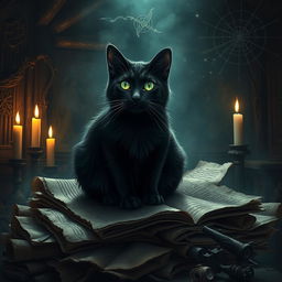 A mystical black cat with mesmerizing glowing green eyes, sitting on a pile of ancient, tattered scrolls in a dimly lit room filled with eerie artifacts