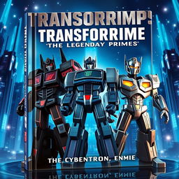 A captivating book cover titled 'Transforprime The Legendary Prime', set against the backdrop of the planet Cybertron featuring a metallic ambiance