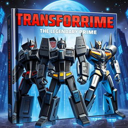 A captivating book cover titled 'Transforprime The Legendary Prime', set against the backdrop of the planet Cybertron featuring a metallic ambiance