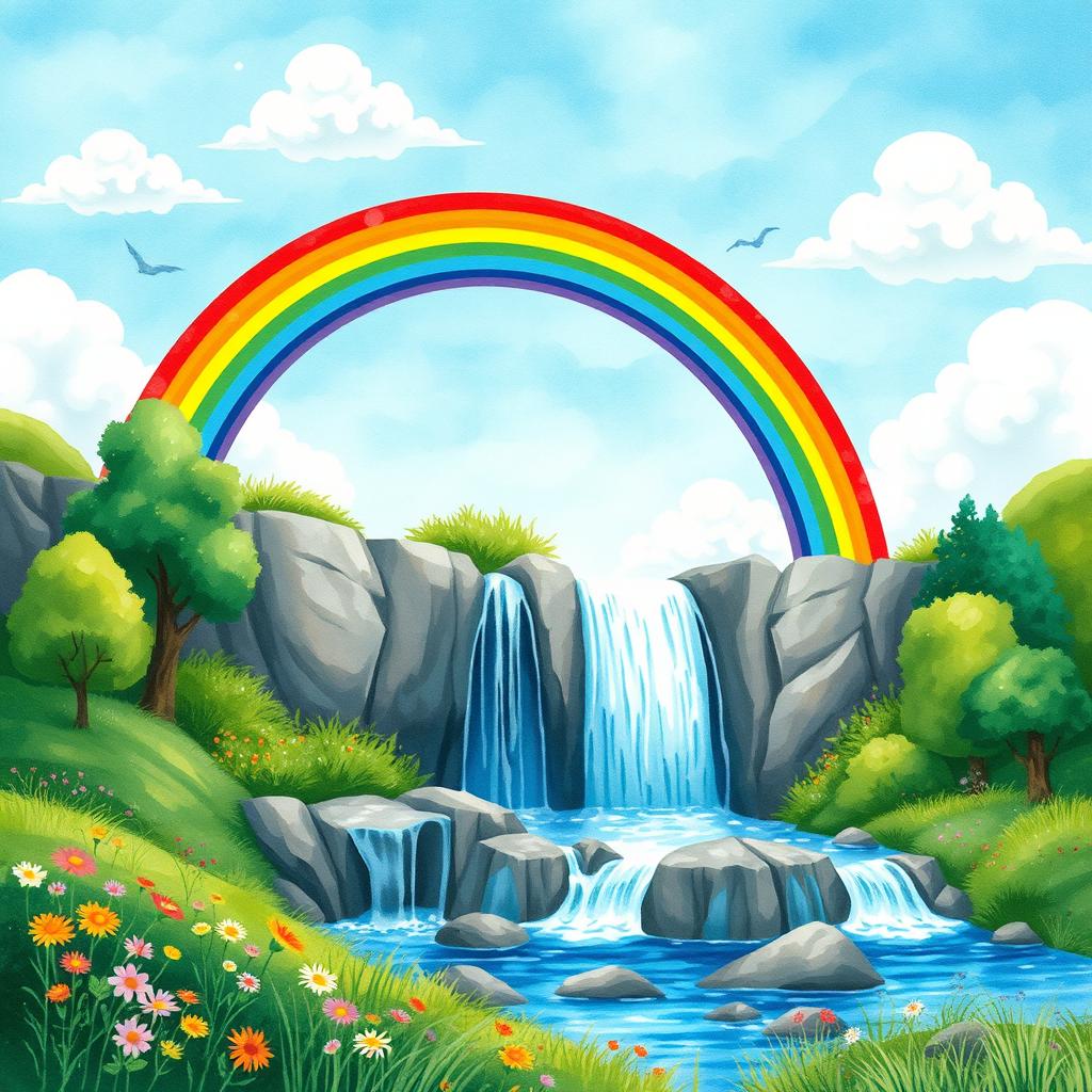 A vibrant watercolor painting featuring a stunning rainbow arching over a beautiful waterfall
