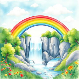A vibrant watercolor painting featuring a stunning rainbow arching over a beautiful waterfall