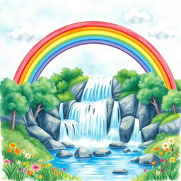 A vibrant watercolor painting featuring a stunning rainbow arching over a beautiful waterfall