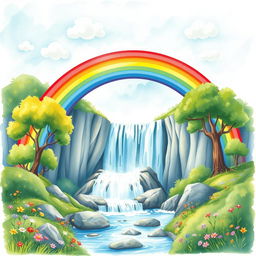 A vibrant watercolor painting featuring a stunning rainbow arching over a beautiful waterfall