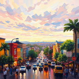 An impressionist painting depicting a vibrant and bustling cityscape with busy streets filled with people and vehicles