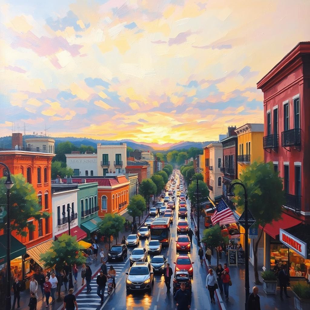 An impressionist painting depicting a vibrant and bustling cityscape with busy streets filled with people and vehicles