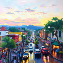 An impressionist painting depicting a vibrant and bustling cityscape with busy streets filled with people and vehicles