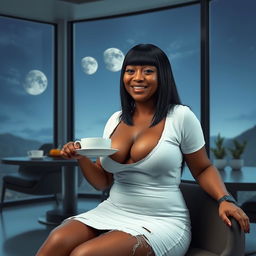 A realistic full-body image of a mature woman, approximately 50 years old, with straight black hair and light brown mulatto features
