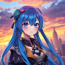 A vibrant digital artwork featuring a blue-haired anime girl with striking features and expressive eyes