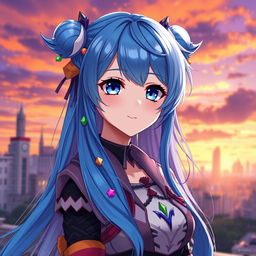 A vibrant digital artwork featuring a blue-haired anime girl with striking features and expressive eyes