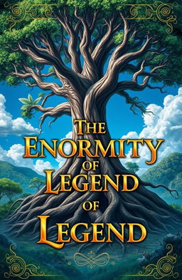 A captivating book cover design titled "THE ENORMITY OF LEGEND" featuring a majestic landscape inspired by epic fantasy tales