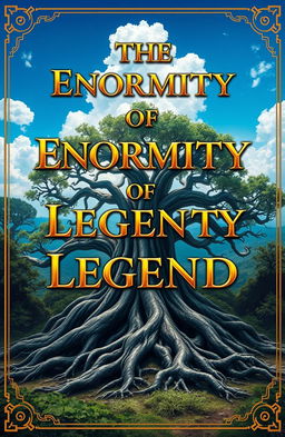 A captivating book cover design titled "THE ENORMITY OF LEGEND" featuring a majestic landscape inspired by epic fantasy tales