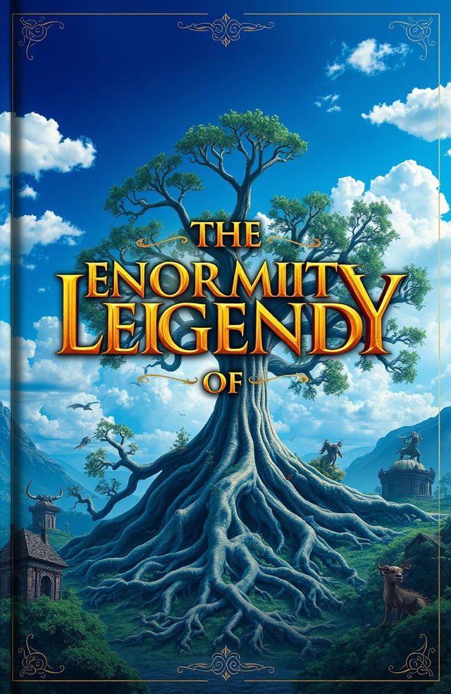A captivating book cover design titled "THE ENORMITY OF LEGEND" featuring a majestic landscape inspired by epic fantasy tales