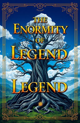 A captivating book cover design titled "THE ENORMITY OF LEGEND" featuring a majestic landscape inspired by epic fantasy tales