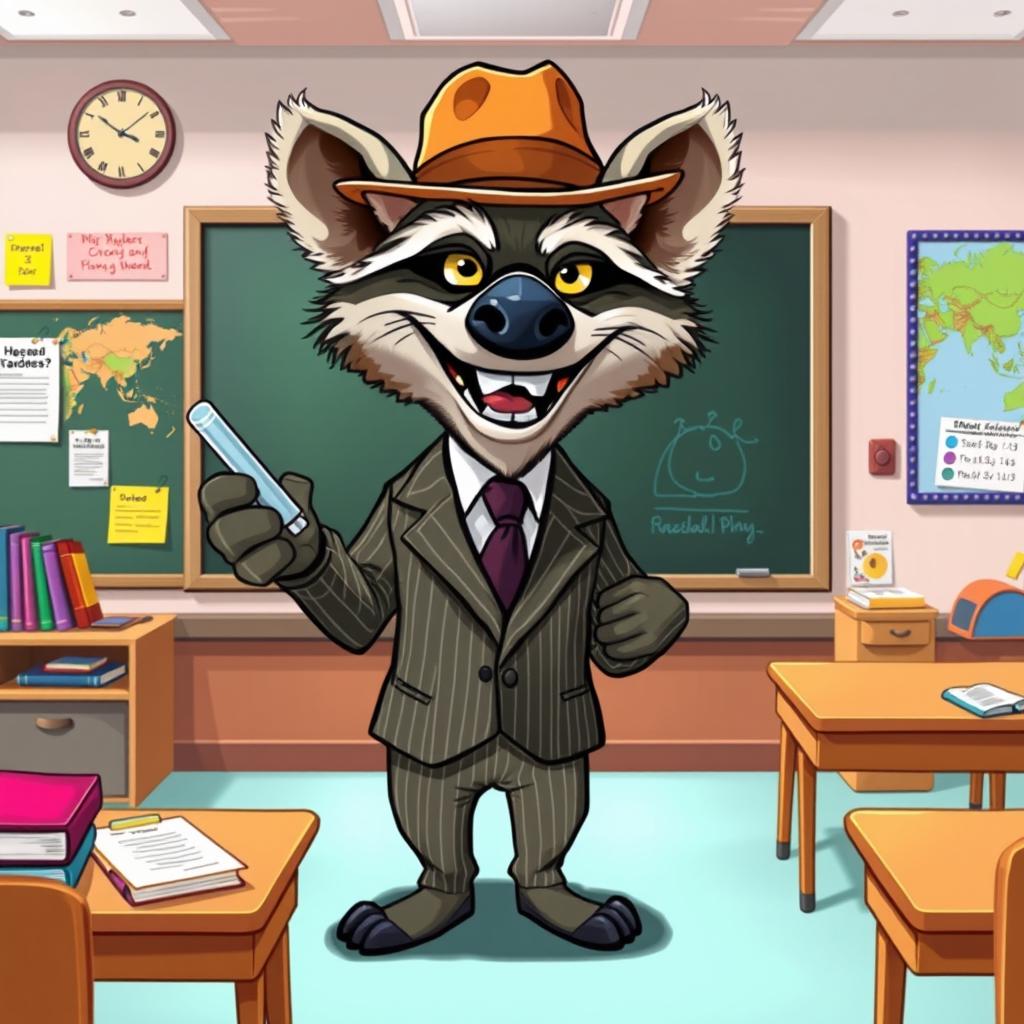 A gangster teacher hyena character, wearing a stylish pinstripe suit with a fedora hat, standing at a chalkboard in a classroom setting