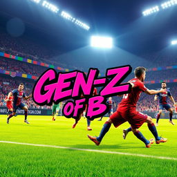 A vibrant and high-energy digital artwork depicting an intense football scene with players from EA Sports FC engaged in action on the field