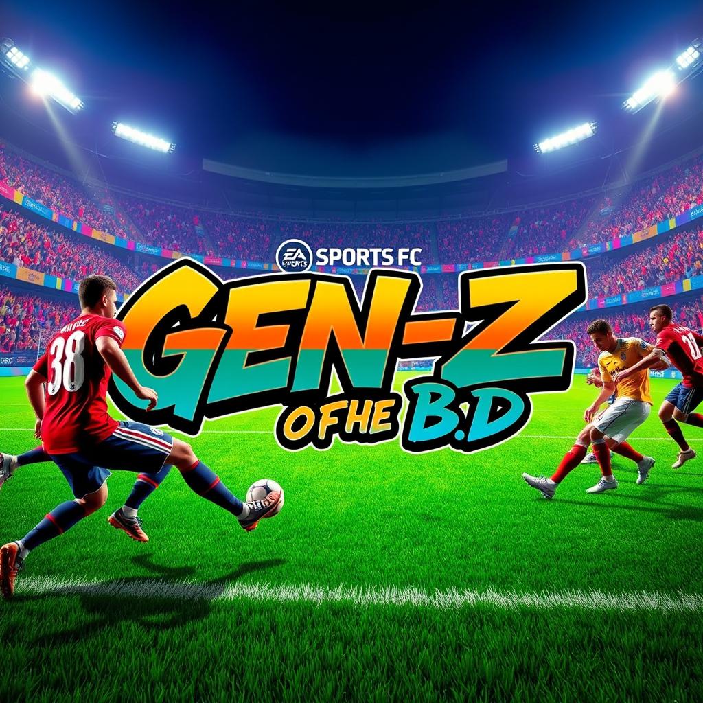 A vibrant and high-energy digital artwork depicting an intense football scene with players from EA Sports FC engaged in action on the field