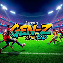 A vibrant and high-energy digital artwork depicting an intense football scene with players from EA Sports FC engaged in action on the field