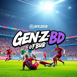 A vibrant and high-energy digital artwork depicting an intense football scene with players from EA Sports FC engaged in action on the field