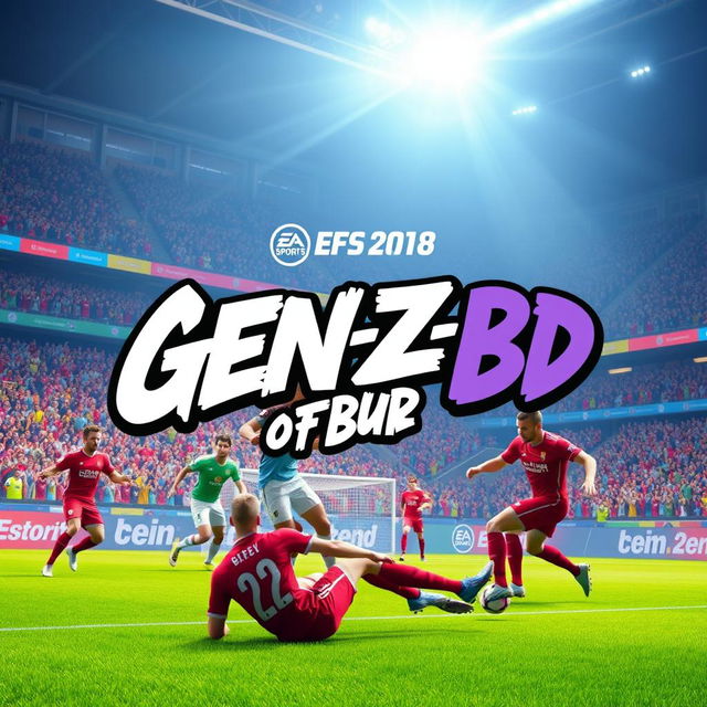 A vibrant and high-energy digital artwork depicting an intense football scene with players from EA Sports FC engaged in action on the field