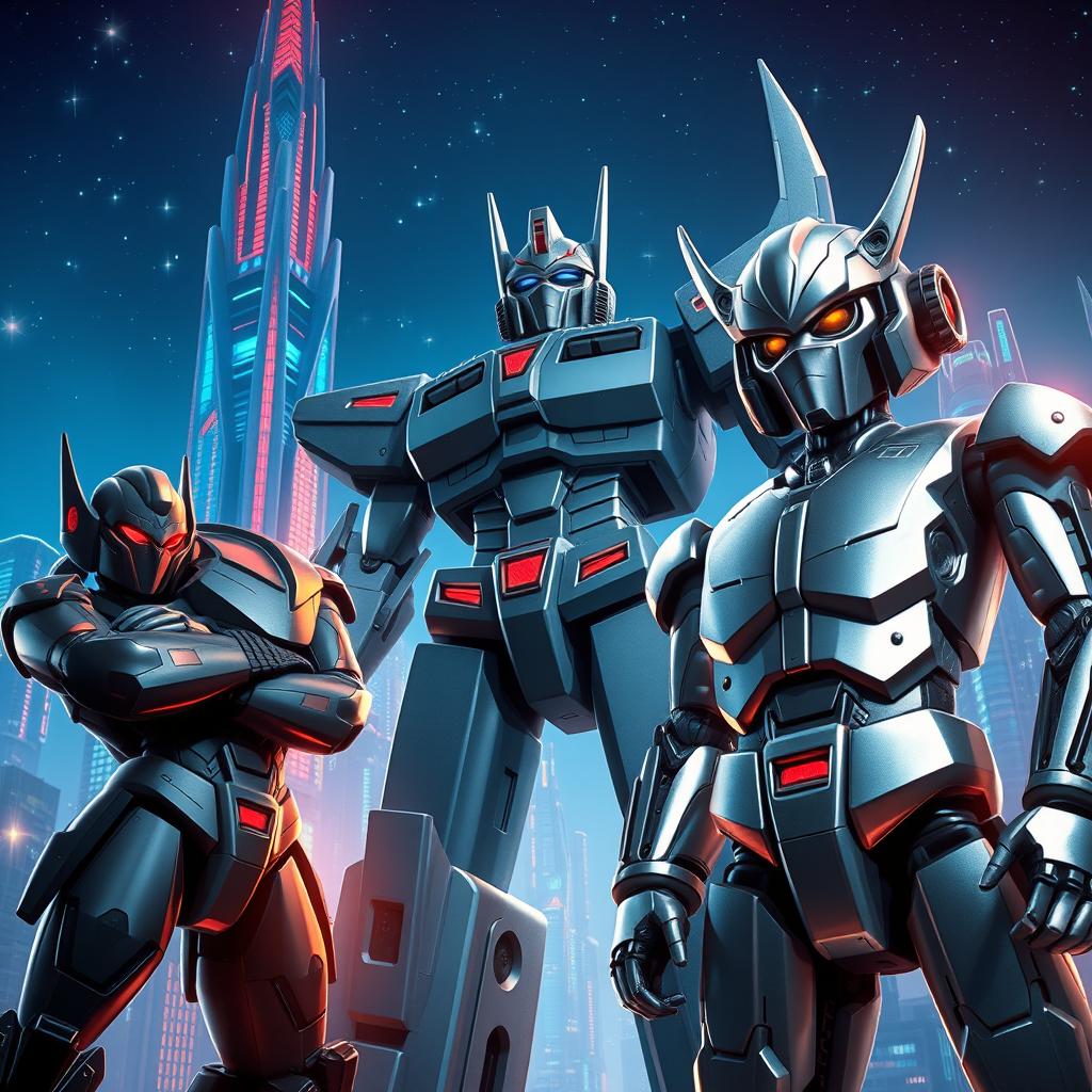 A stunning sci-fi scene set on the metallic planet Cybertron