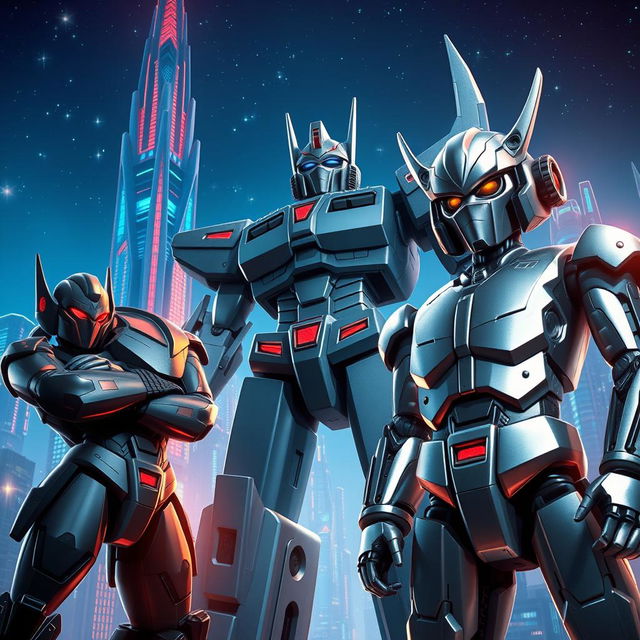 A stunning sci-fi scene set on the metallic planet Cybertron